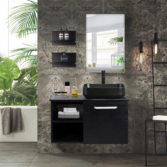 Floating Bathroom Vanity Cabinet With Mirror And Vessel Sink Shelves