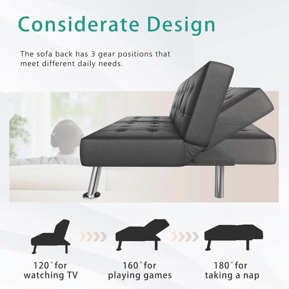 Futon Sofa Bed Convertible Lounge Chair With 2 Cup Holders