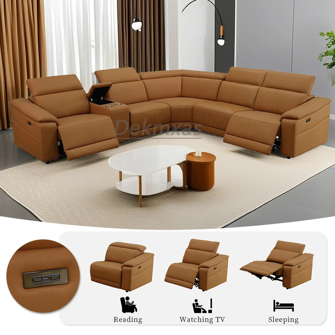 Dekmxas Breathing Leather Power Recliner Sectional Sofa Set Cup Holders