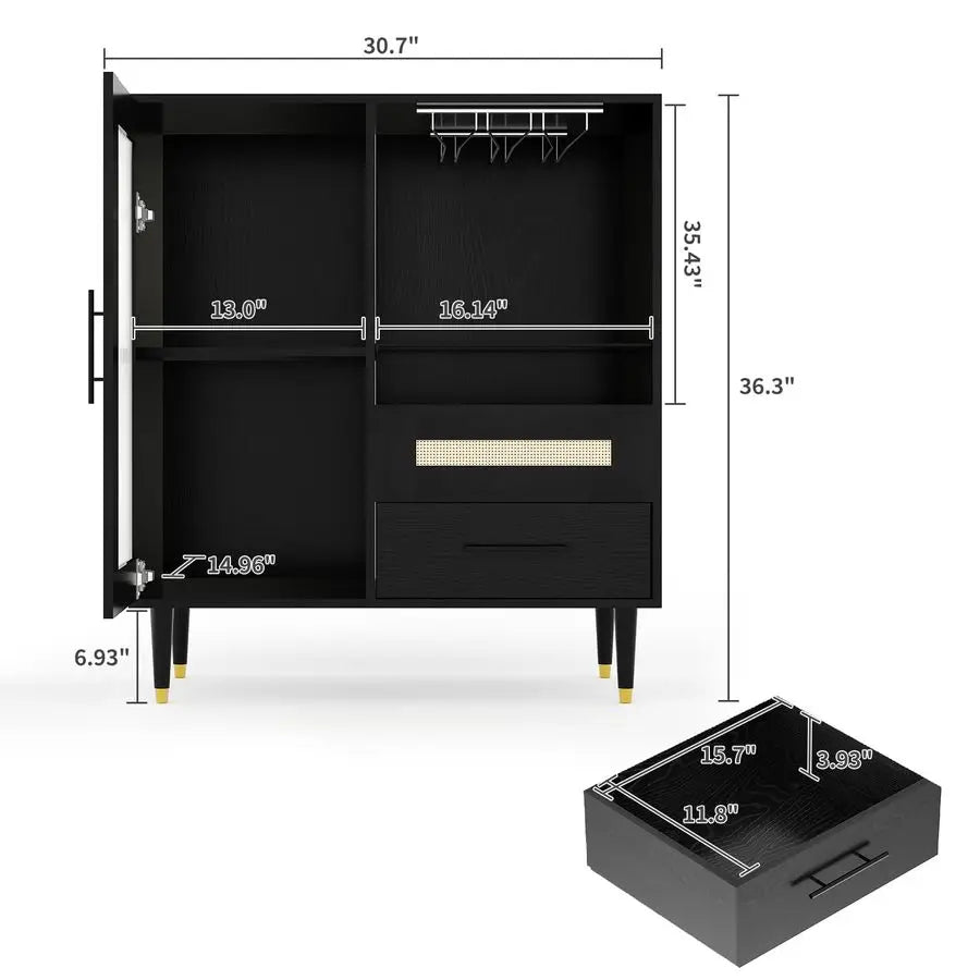 XMSJ Wine Bar Cabinet With Tempered Glass Door And Rack