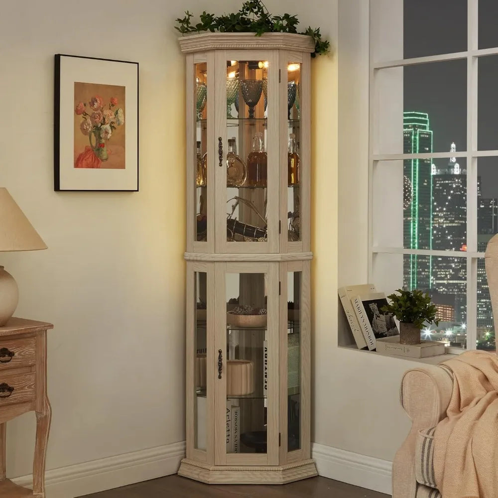 Corner Curio Cabinet With Light And Tempered Glass Shelves