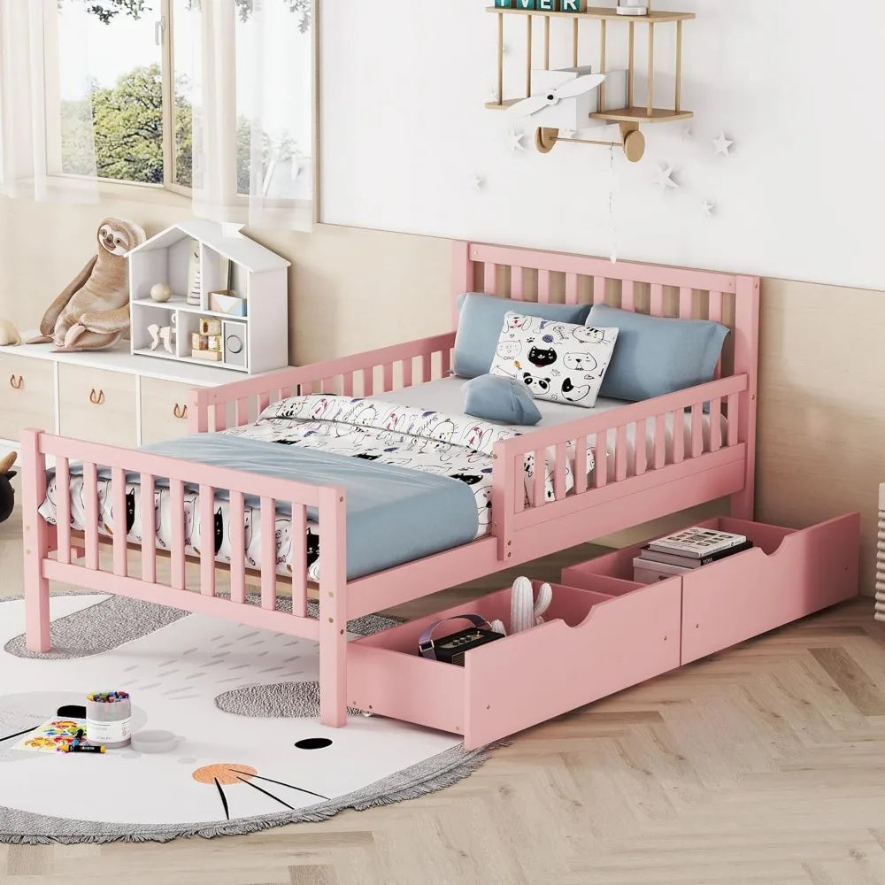 Kids Twin Bed With Guardrails Low Platform And Two Drawers