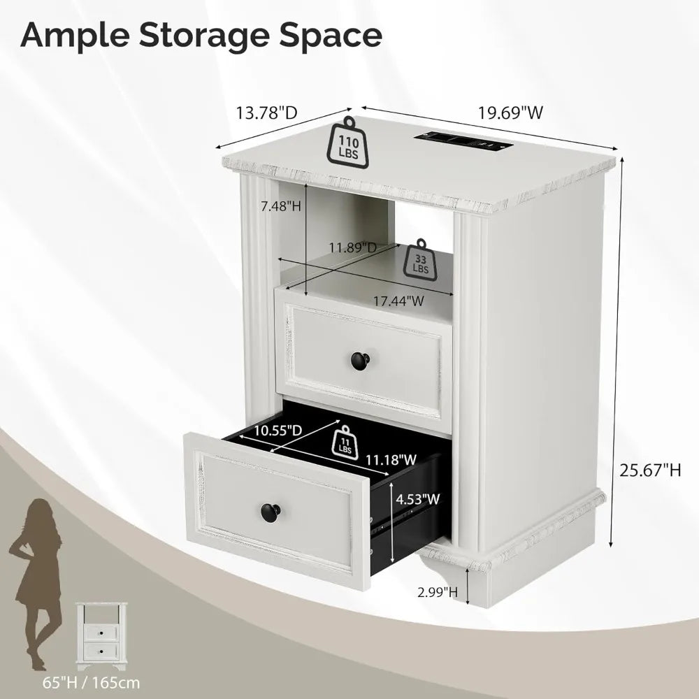 Ticify Nightstand Charging Station Wood Bedside Table