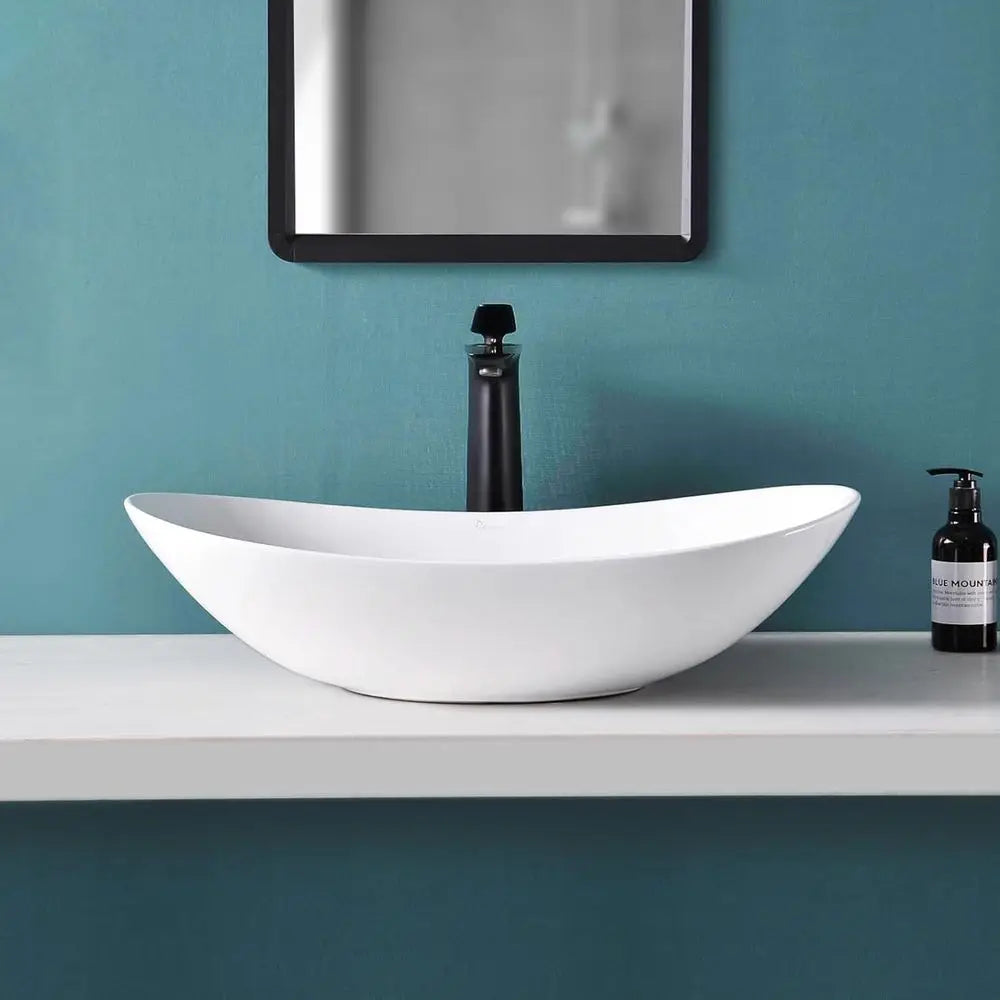Ceramic Oval Vessel Sink With Pop Up Drain Above Counter