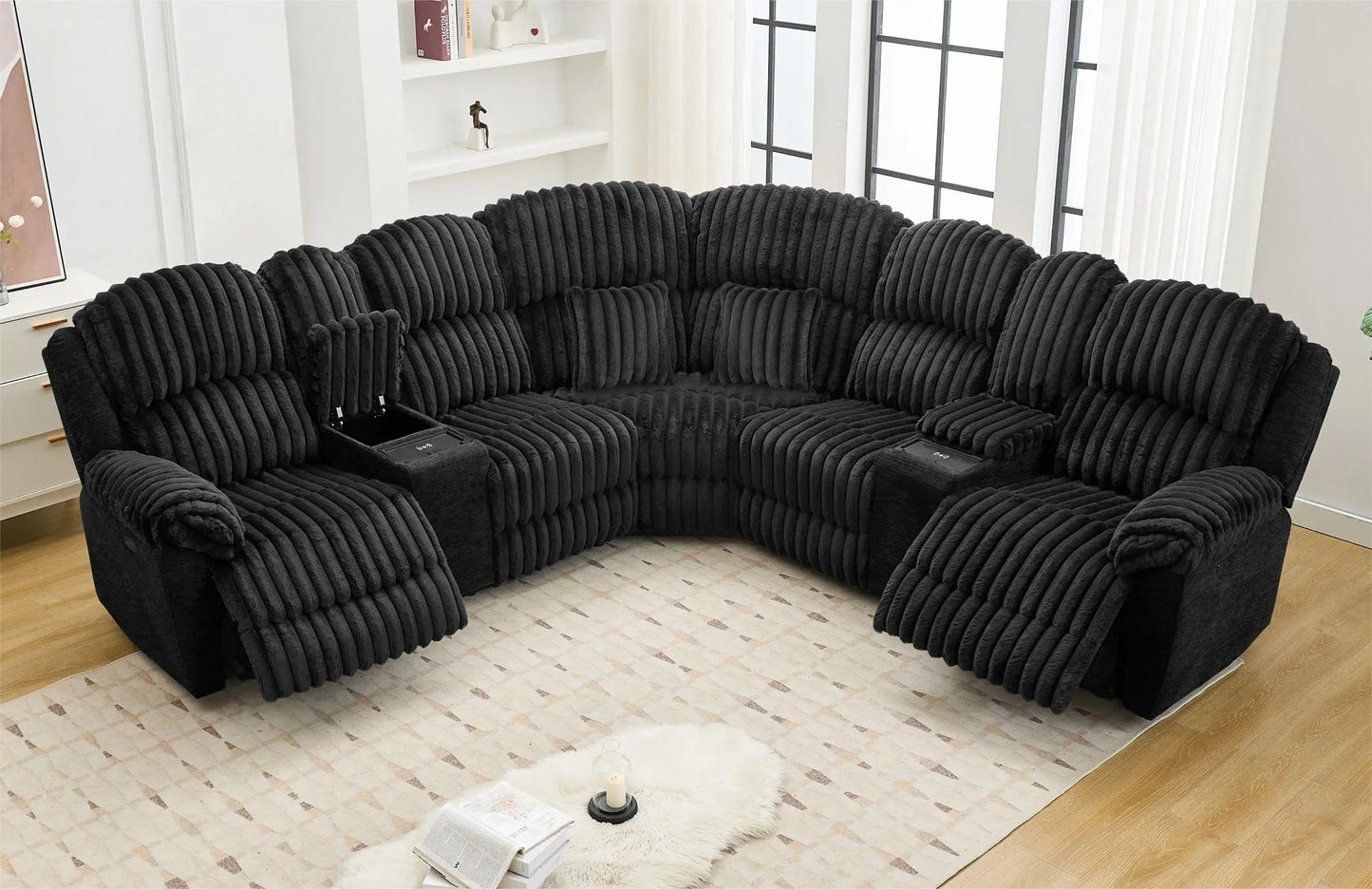 TODRANICN Power Reclining L Shaped Fuzzy Rabbit Plush 5 Seater Sofa Set