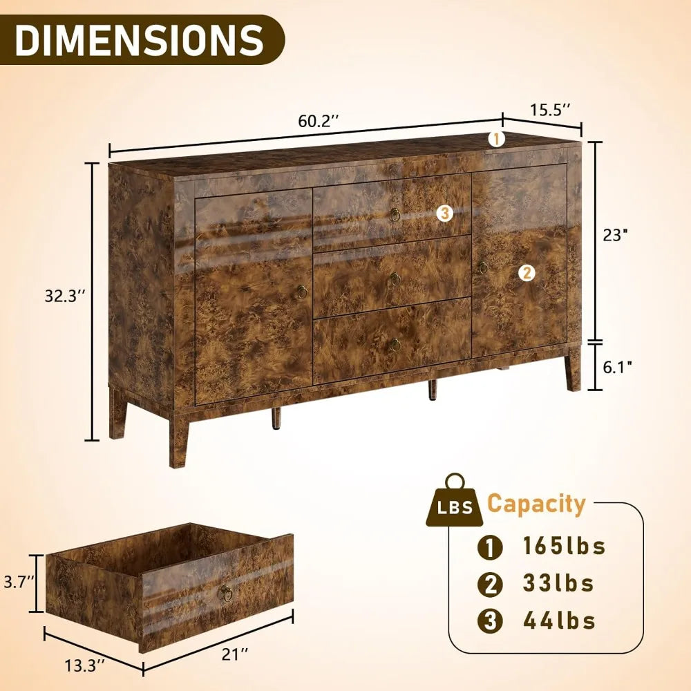 Mid Century Burl Wood Buffet Sideboard With Three Drawers