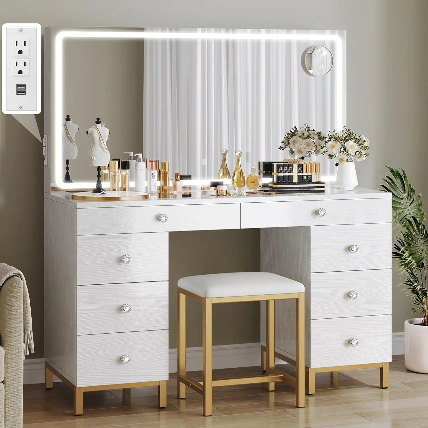 XMSJ Vanity Desk With Mirror And DimmableLightingSystem EightDrawers ForBedroom Storage