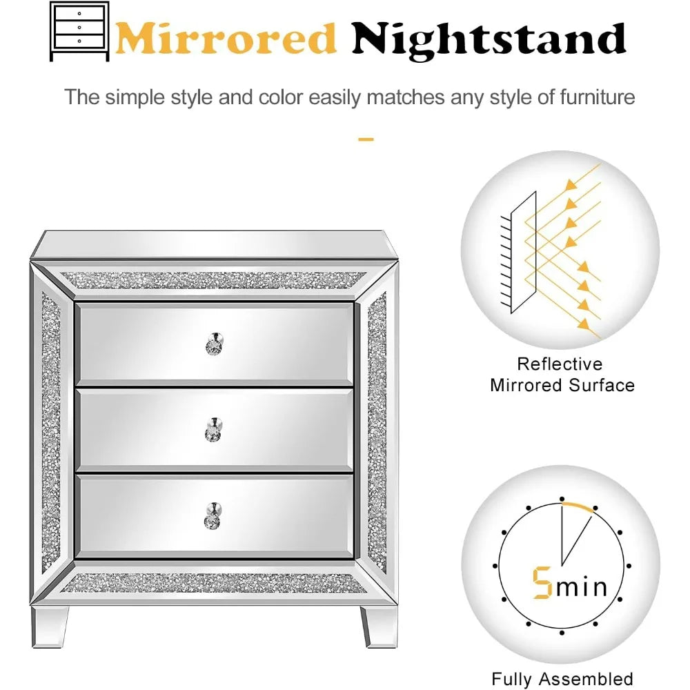 Color Mirrored Nightstand Glass End Table With Storage