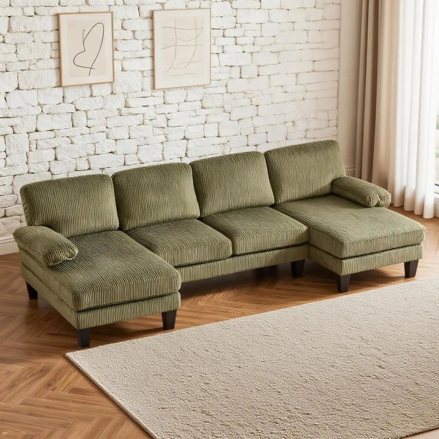 U Shaped Sectional Sofa With Chenille Upholstery And Wood Legs