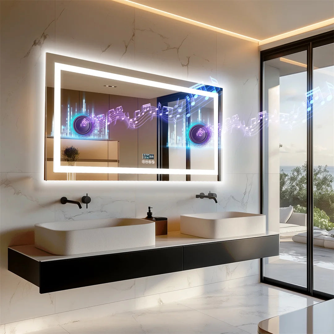 LUVODI Illuminated Bluetooth Bathroom Mirror With Anti Fog LED Vanity Speaker