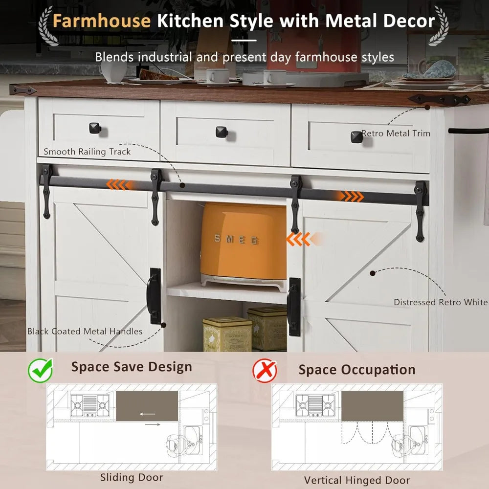 Farmhouse Kitchen Island On Wheels With Drop Leaf Power Outlet