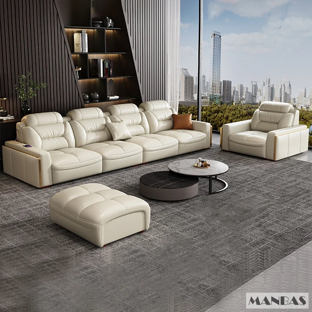 MANBAS Italian Genuine Leather L-Shaped Sectional Sofa Set USB