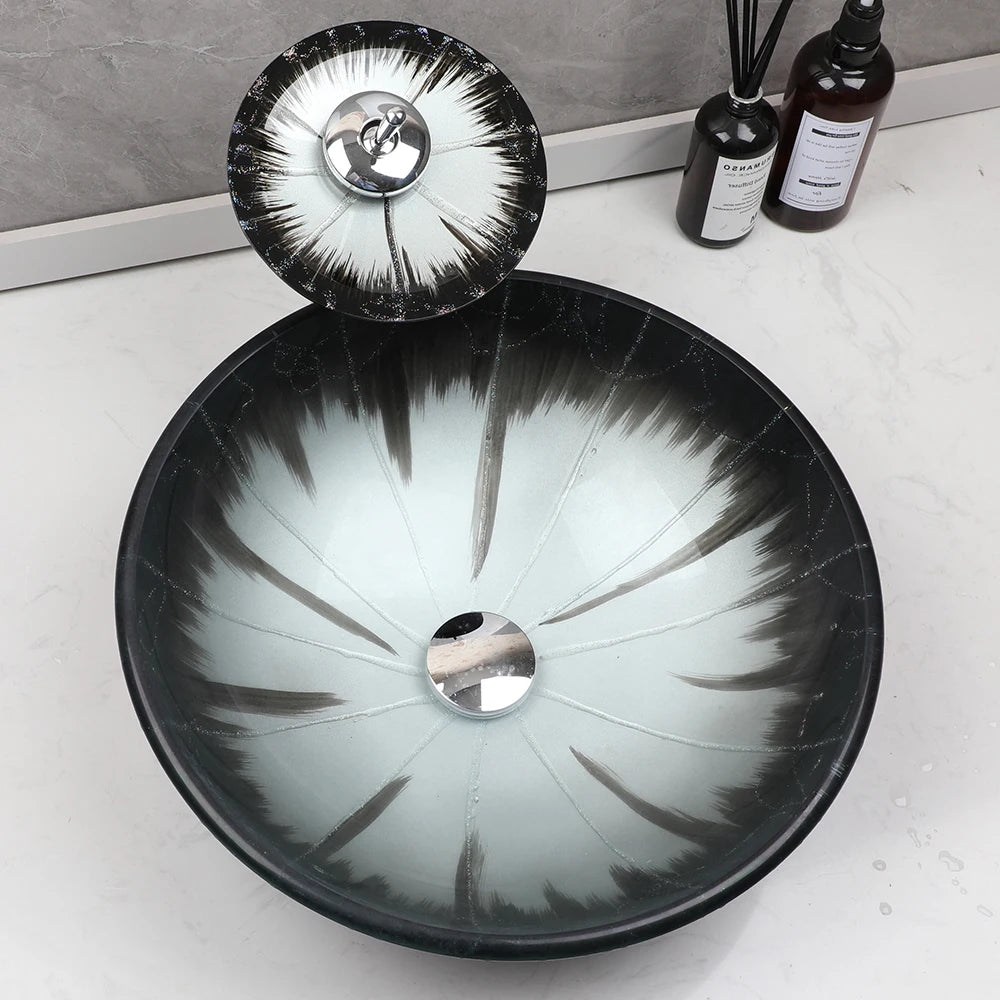 Torayvino Tempered Glass Washbasin Above Counter Vessel Faucet