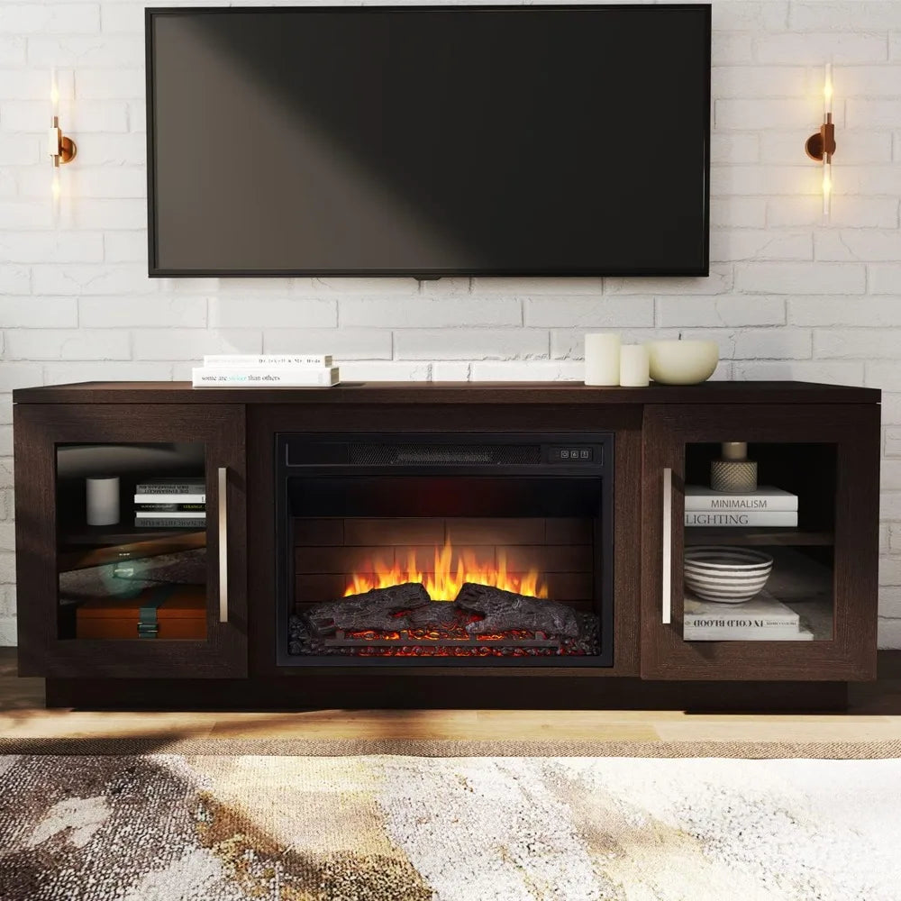 3D Fireplace TV Stand Wooden Media Center With Shelves