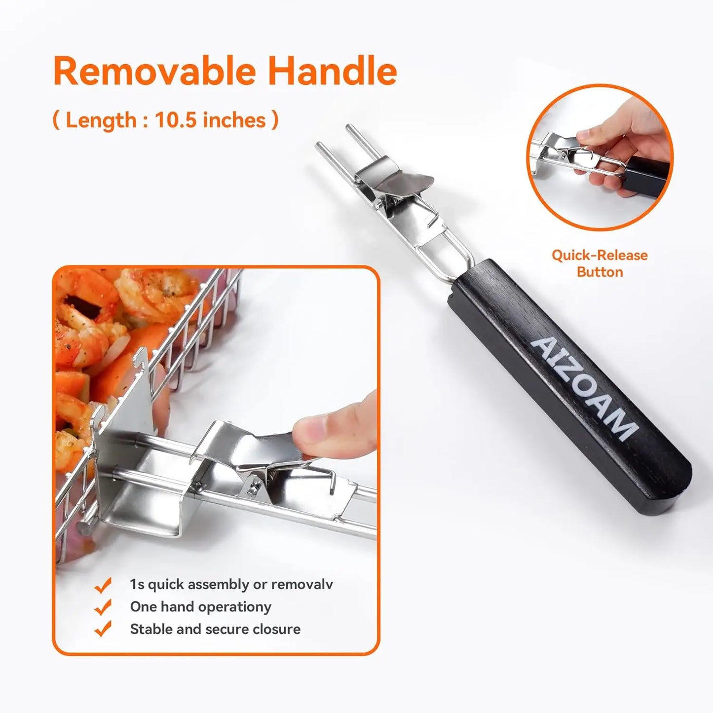 Stainless Steel Grill Basket With Removable Handle For Outdoor Cooking