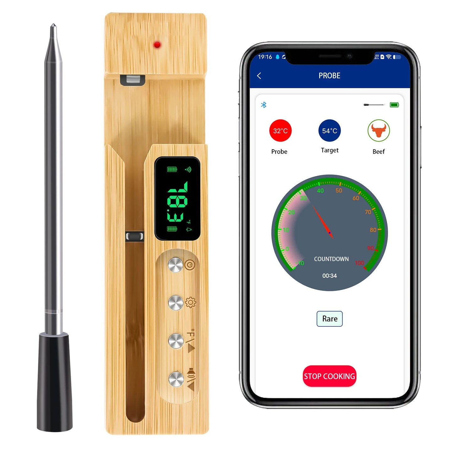 NONECN Smart Wireless Bluetooth Meat Thermometer With 500 Foot Range