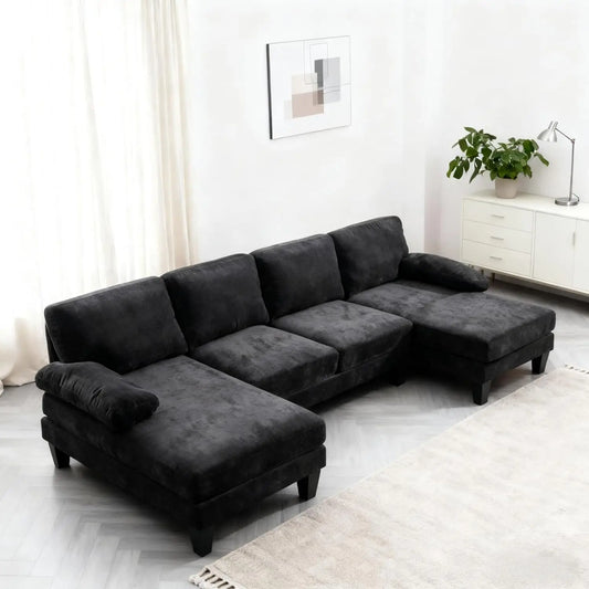 U Shaped Sectional Sofa With Chenille Upholstery And Wood Legs