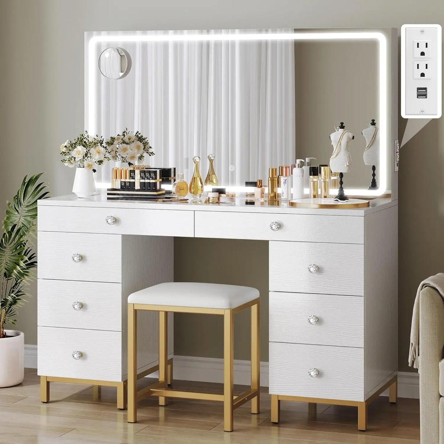 XMSJ Vanity Desk With Mirror And DimmableLightingSystem EightDrawers ForBedroom Storage