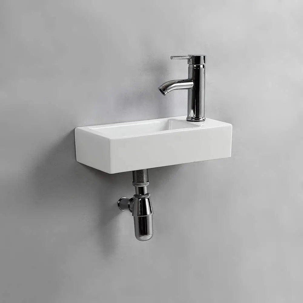 Wall Mounted Ceramic Bathroom Sink Rectangle Wash Basin Drain