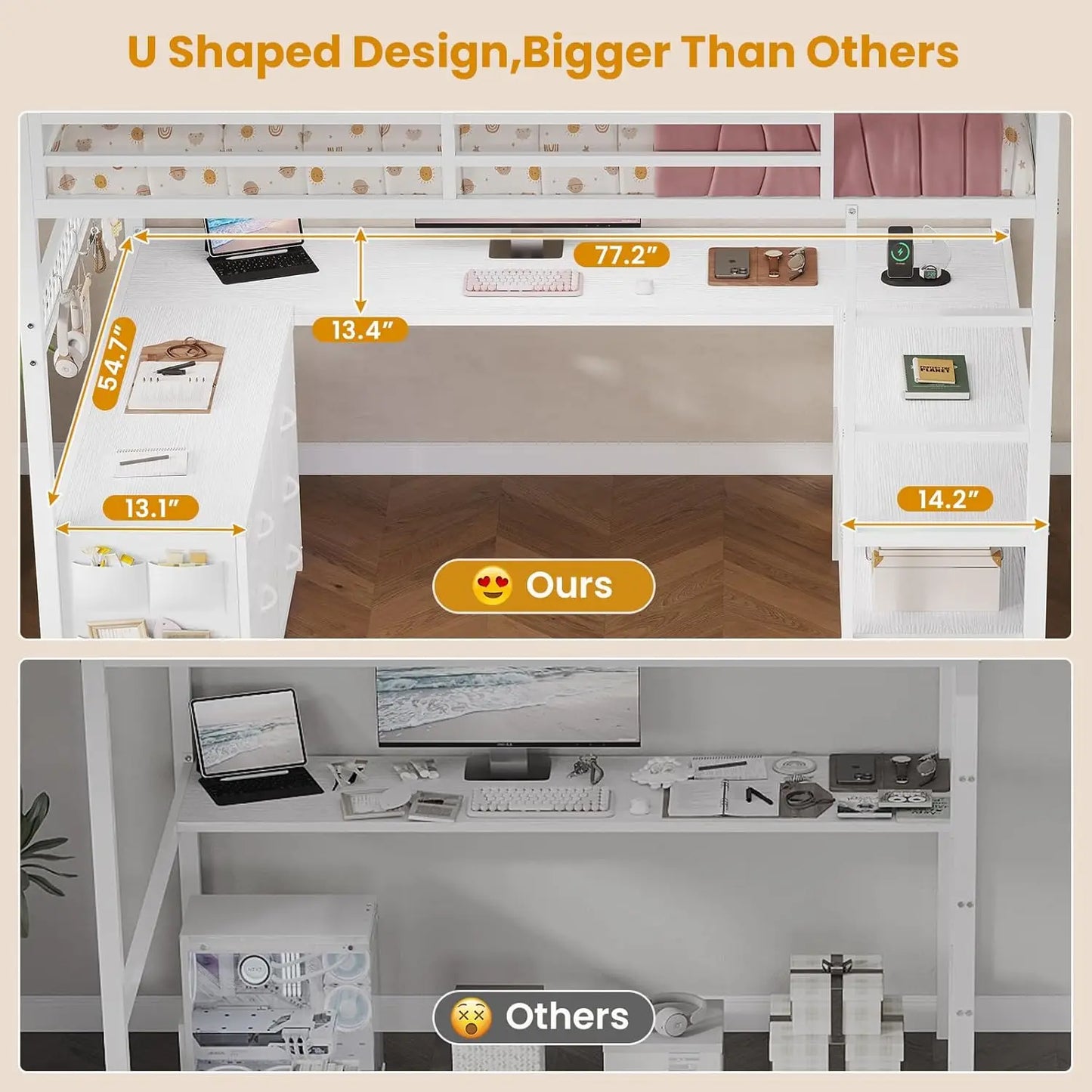 XMSJ Loft Bed With U Shaped Desk And Storage Drawers