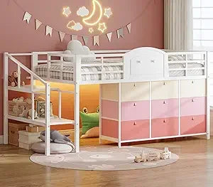 Loft Bed With Drawers, LED Lights, Metal Frame, Staircase Storage