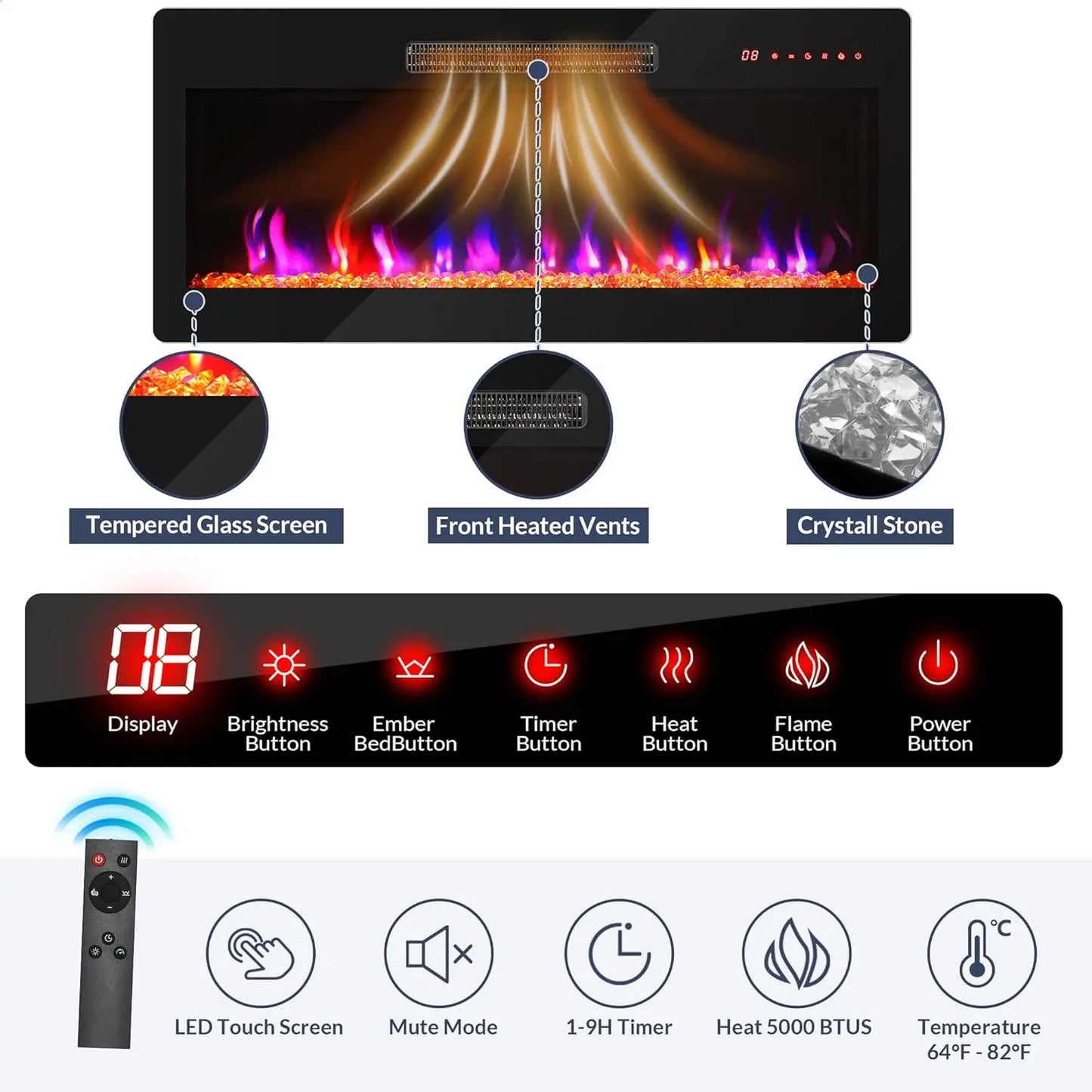 TV Stand With Electric Fireplace Heater Wood Console Entertainment Center