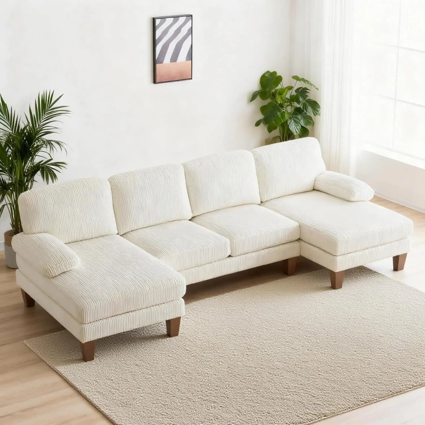 U Shaped Sectional Sofa With Chenille Upholstery And Wood Legs