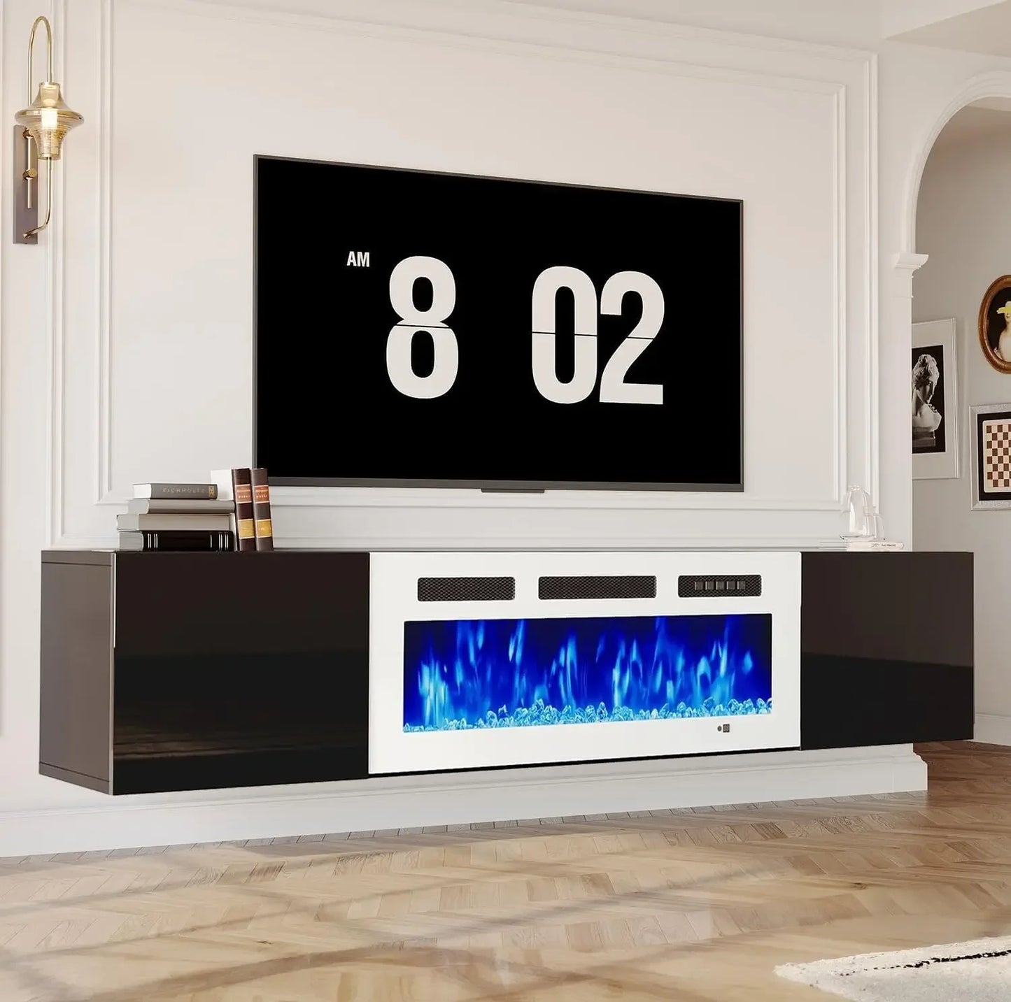 Wall Mounted Floating TV Stand With Electric Fireplace Entertainment Center
