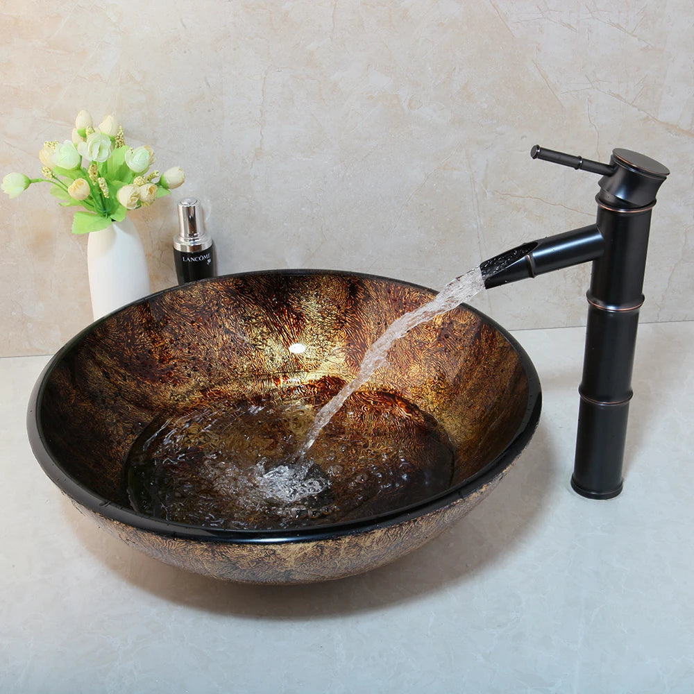 Torayvino Round Glass Vessel Sink With Waterfall Faucet Set