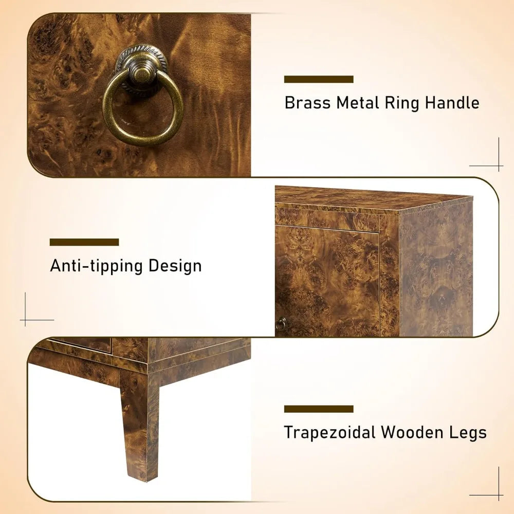 Mid Century Burl Wood Buffet Sideboard With Three Drawers