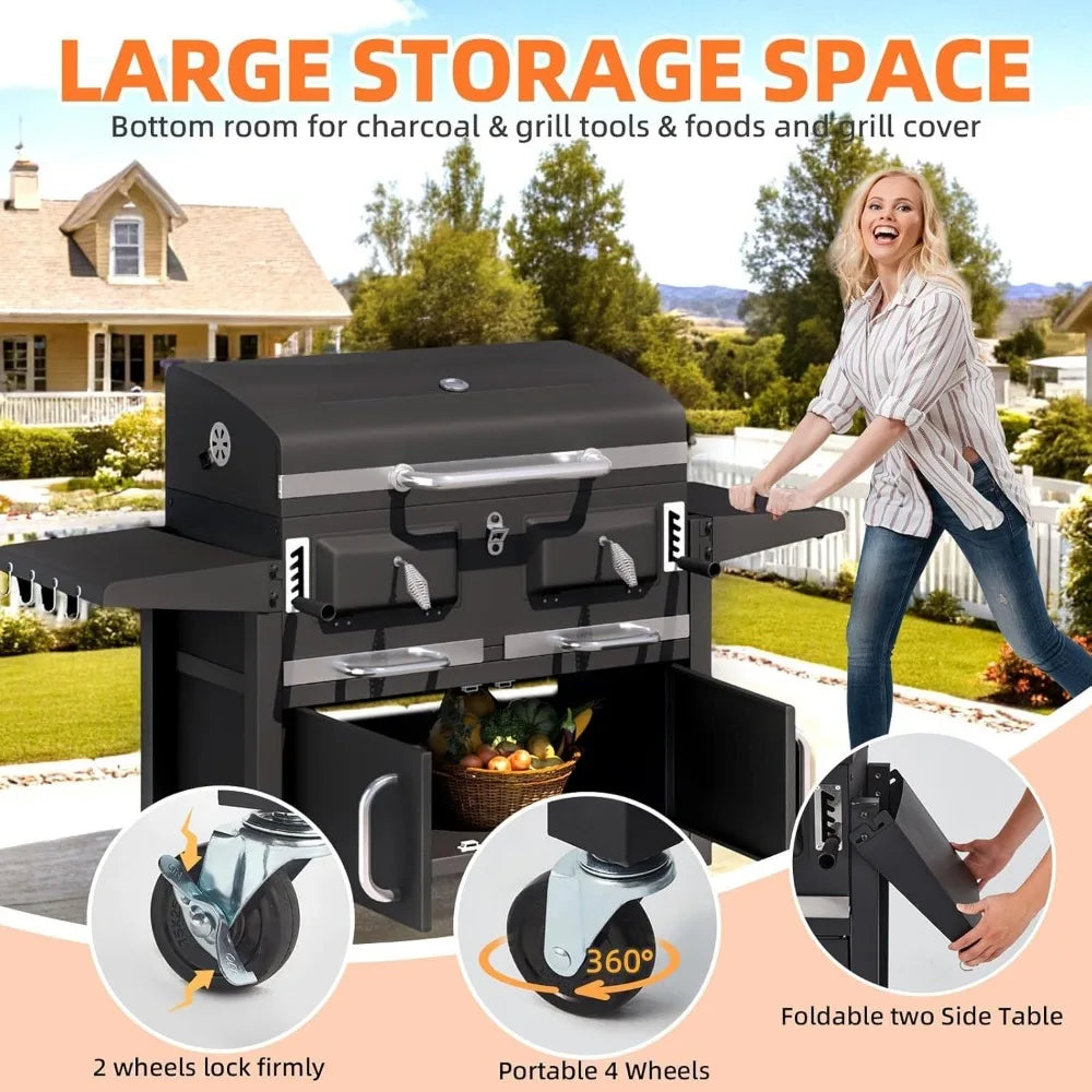 Charcoal Grill With Thermometer And Lifting Charcoal Trays And Storage