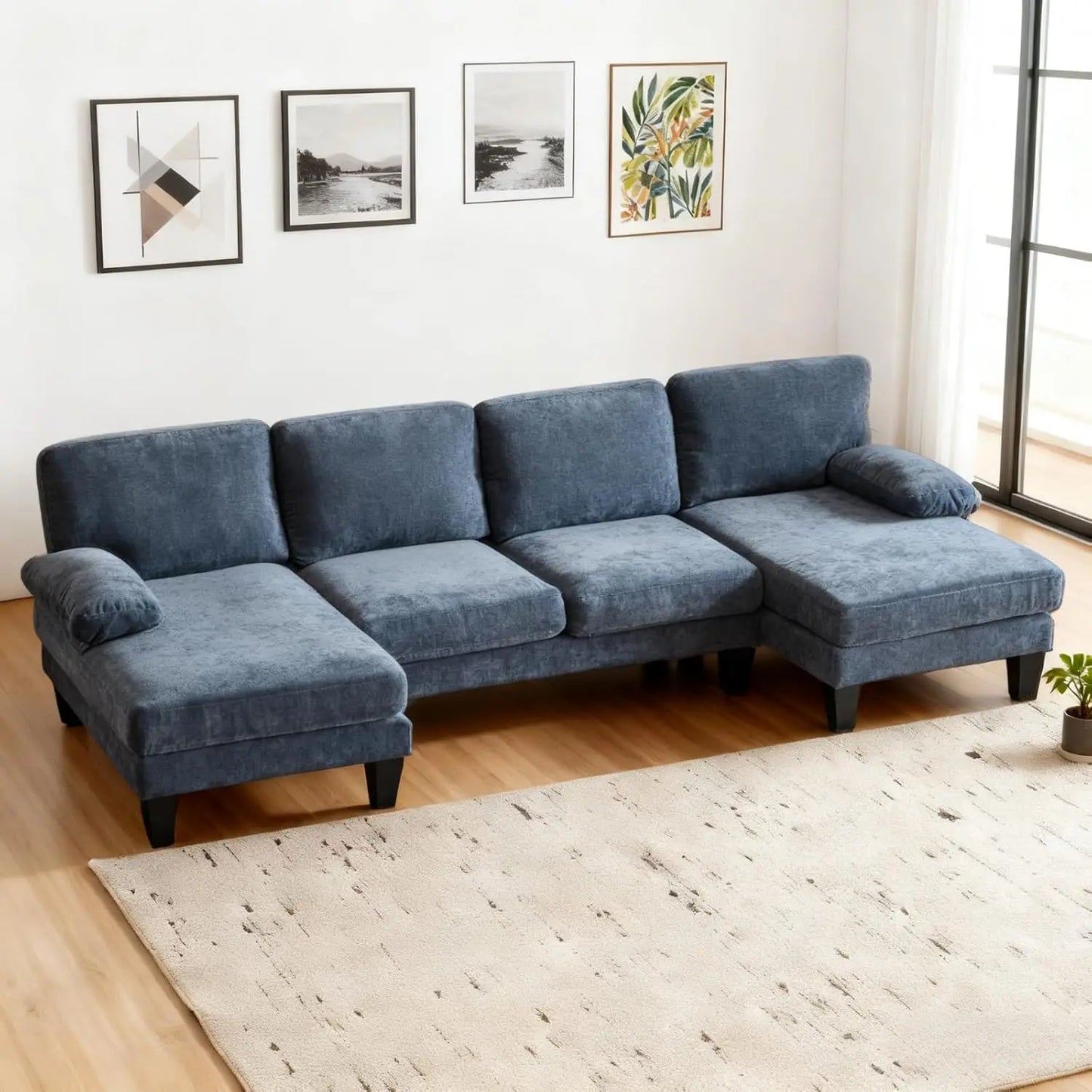 U Shaped Sectional Sofa With Chenille Upholstery And Wood Legs