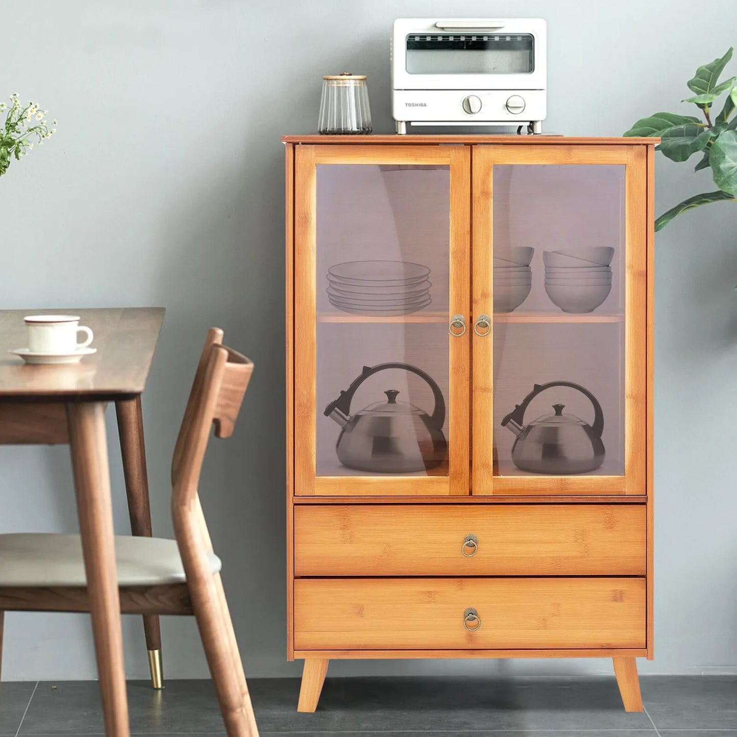 Bymaocar Retro Kitchen Sideboard With 2 Drawers Bamboo MDF Cabinet