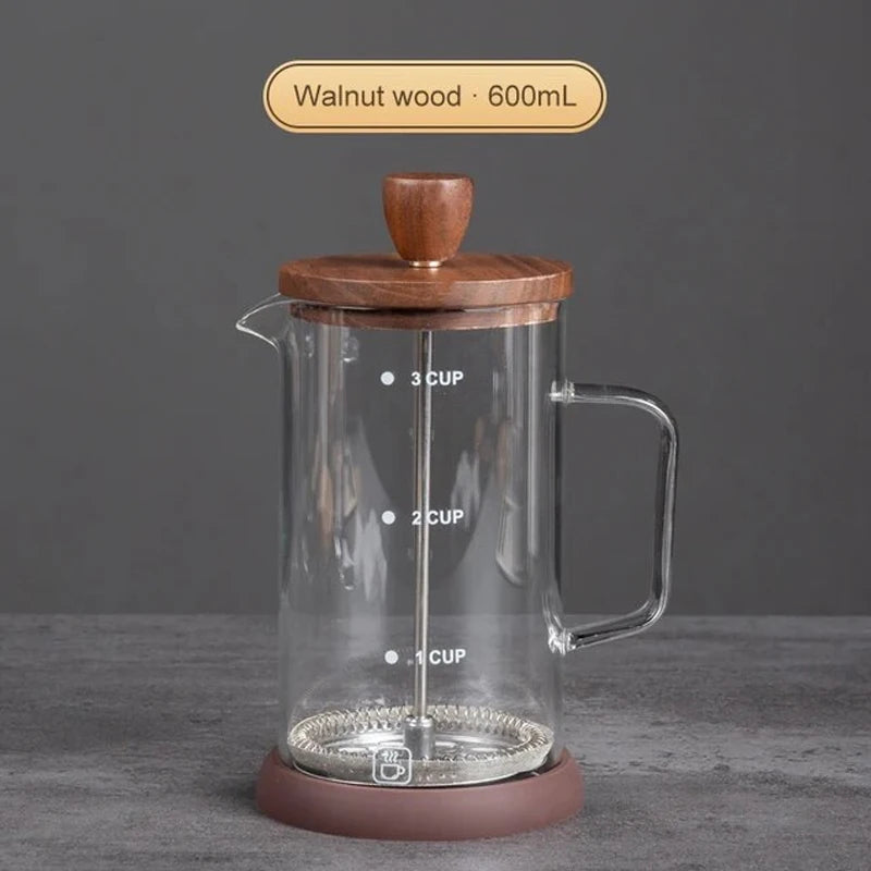 French Press Coffee Pot With Black Walnut And Borosilicate Glass