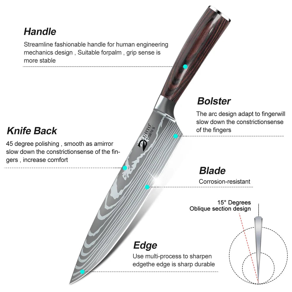 Damascus Stainless Steel Kitchen Knife Set With Nylon Bag