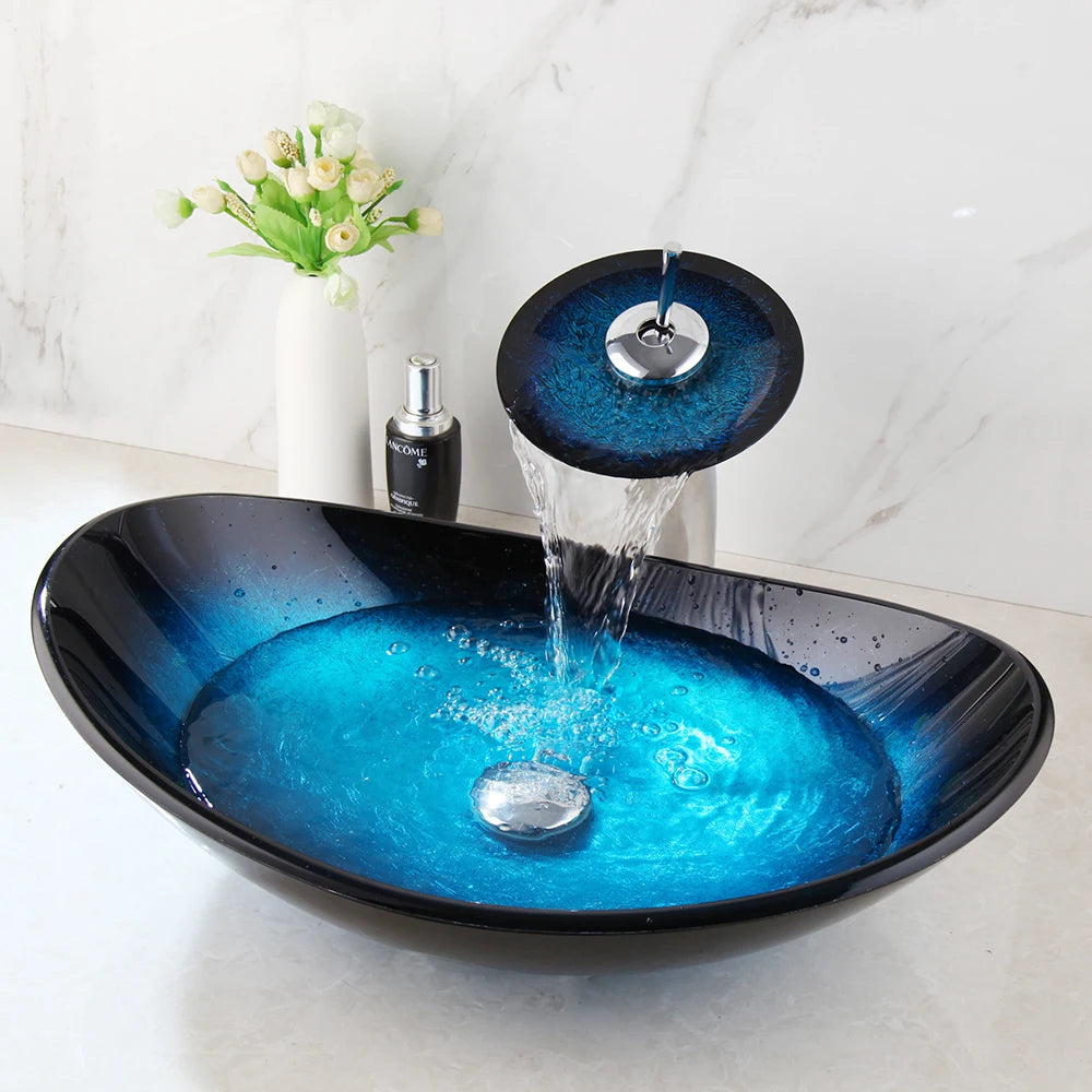 Torayvino ZAPPO Tempered Glass Vessel Sink with Waterfall Faucet