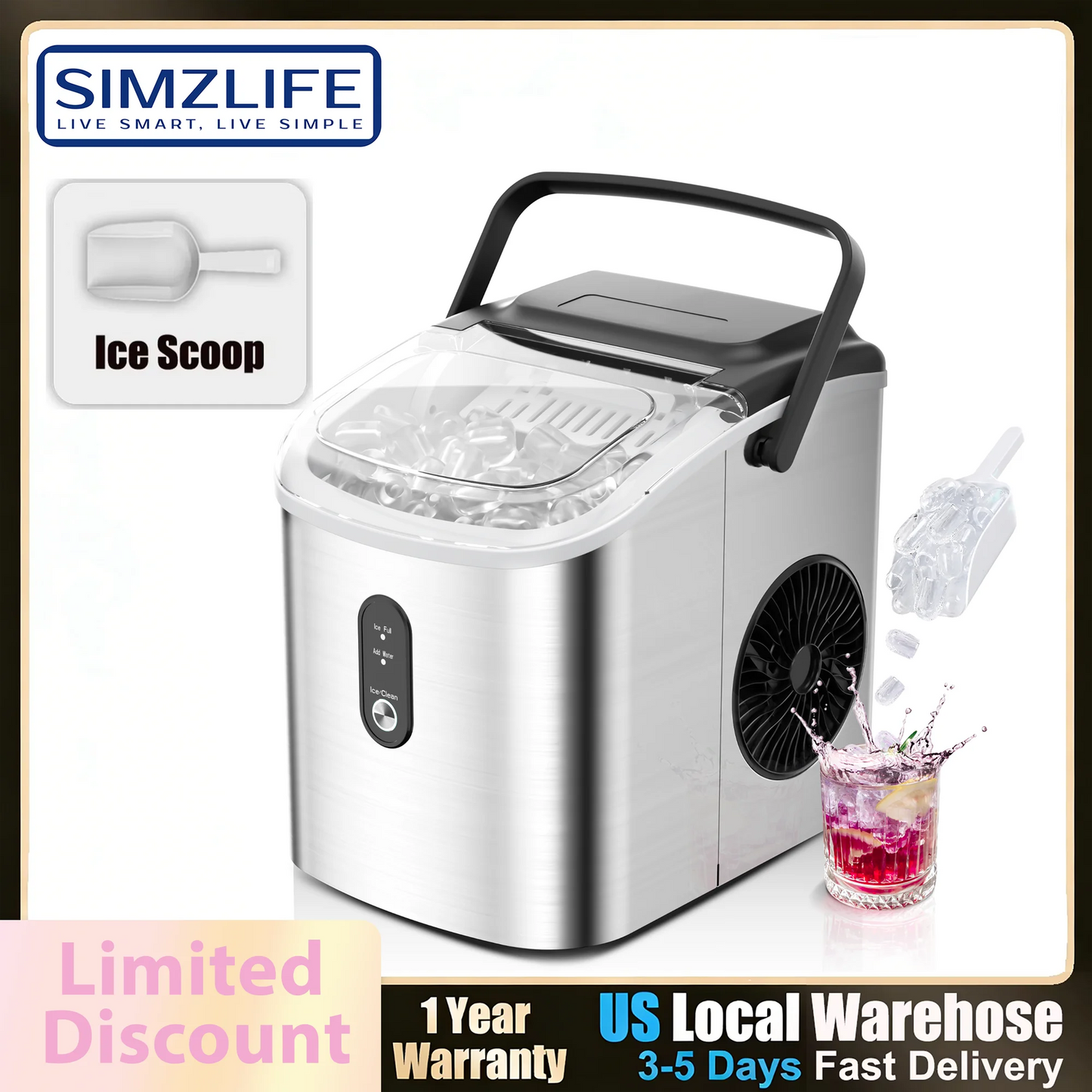SIMZLIFE Portable Countertop Ice Maker 26 Lbs Per Day