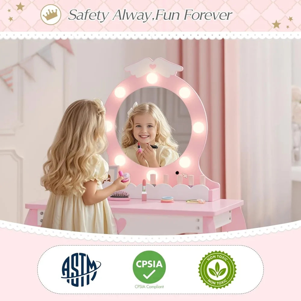 Lighted Mirror Kids Makeup Vanity Set With Stool And Storage