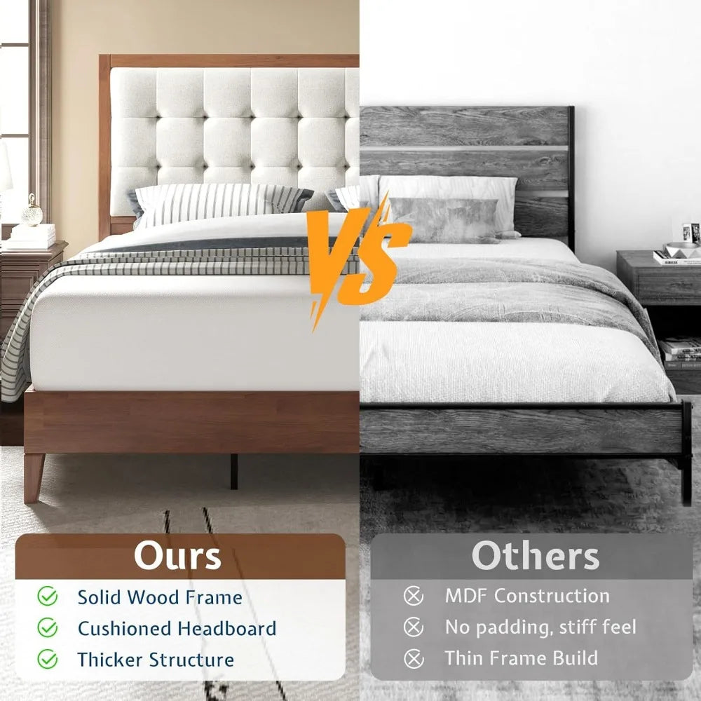 Walnut Wood Bed Frame With Tall Upholstered Tufted Headboard