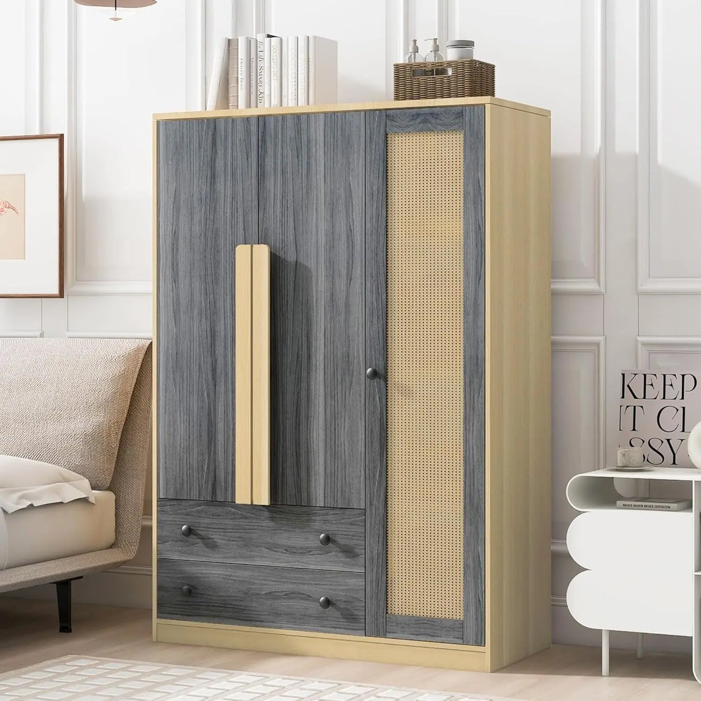General Use Armoire Wardrobe Cabinet With Hanging Rod And Doors