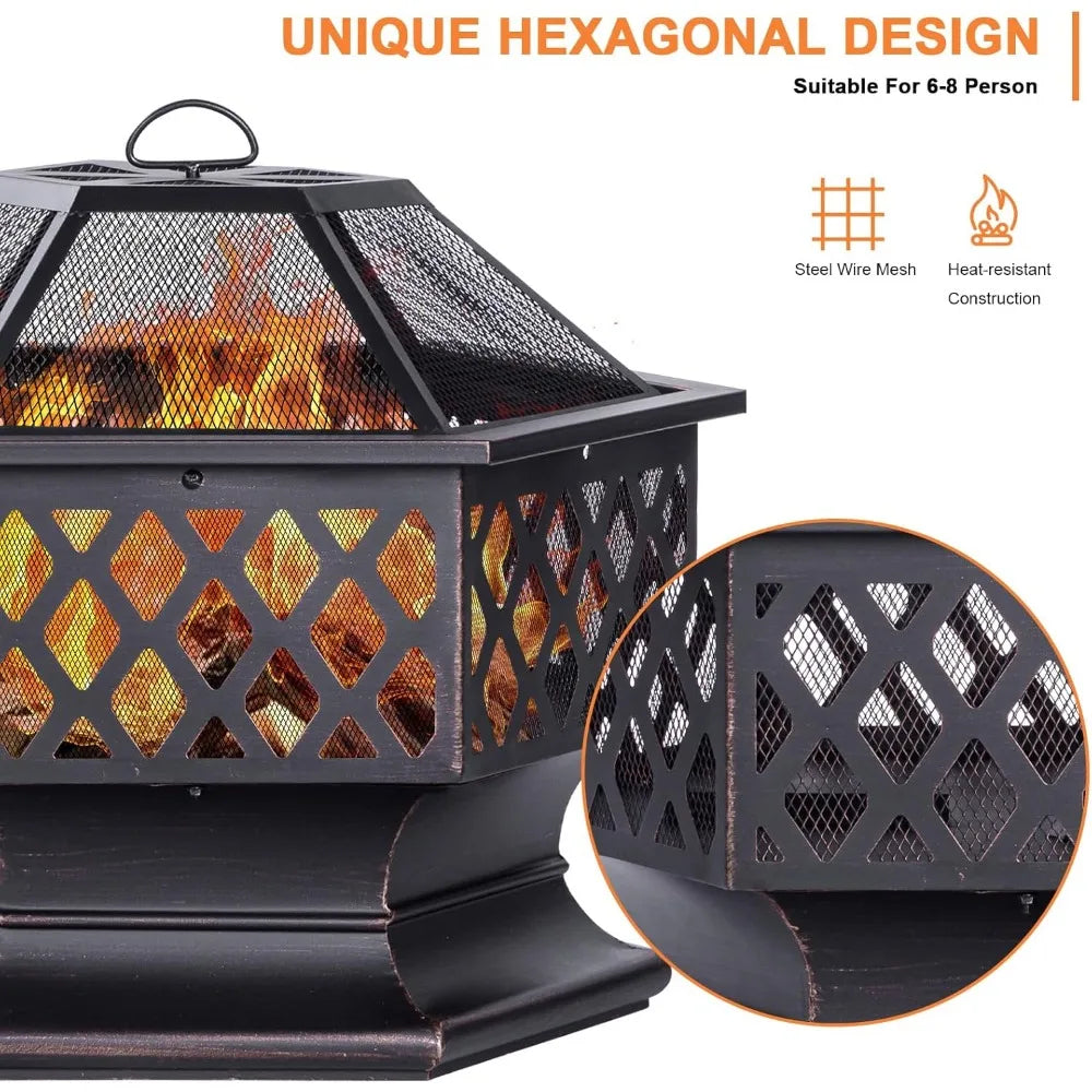 Panovue Outdoor Hexagon Wood Burning Fire Pit For Patio