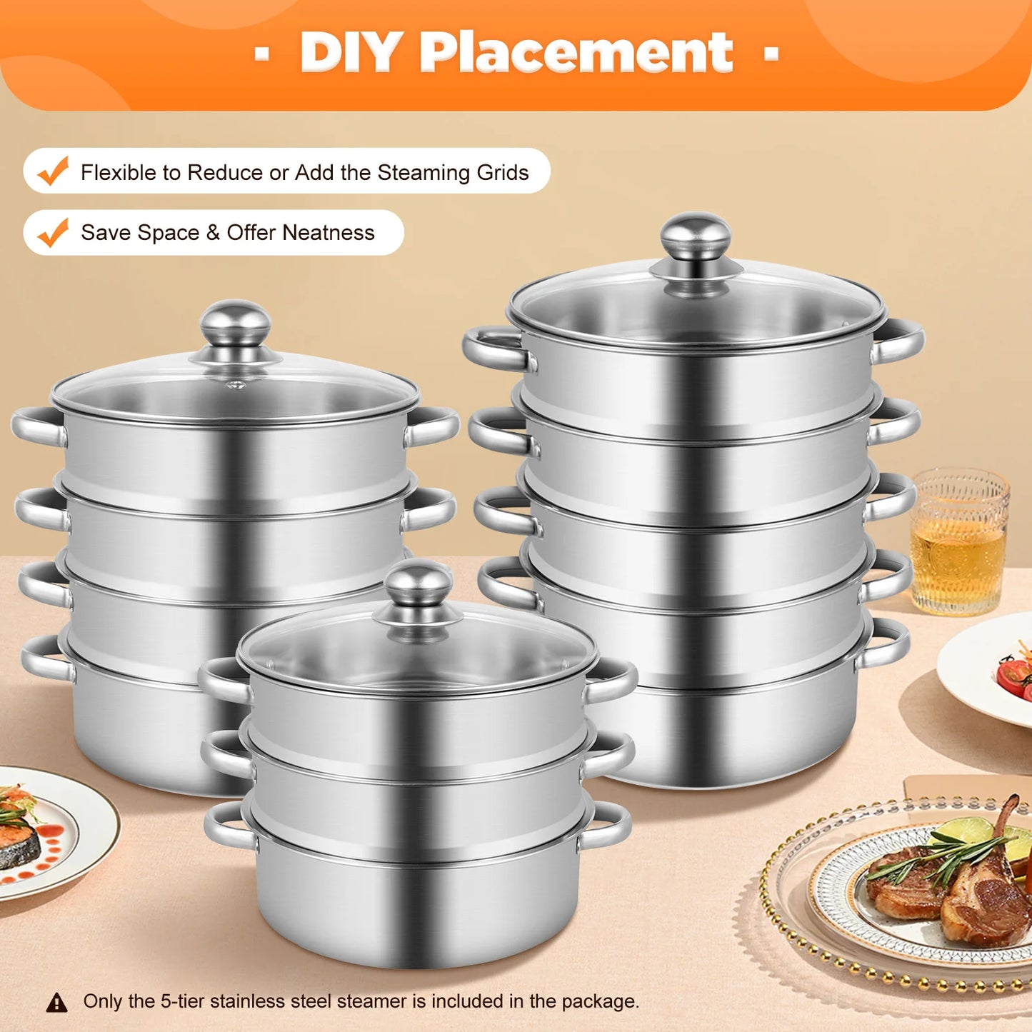 5 Tier Stainless Steel Food Steamer Pot With Lidded Cover