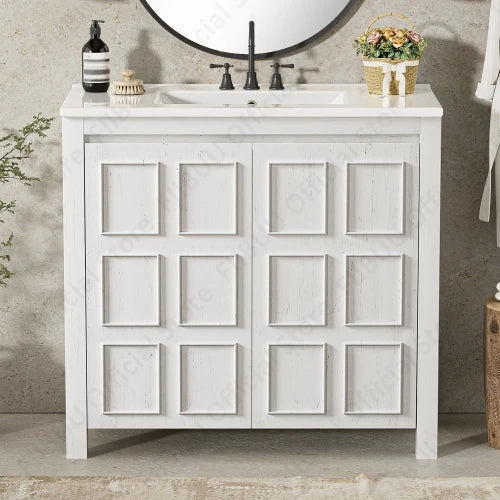 FIIBUU Bathroom Vanity Cabinet Solid Wood With Ceramic Sink Basin