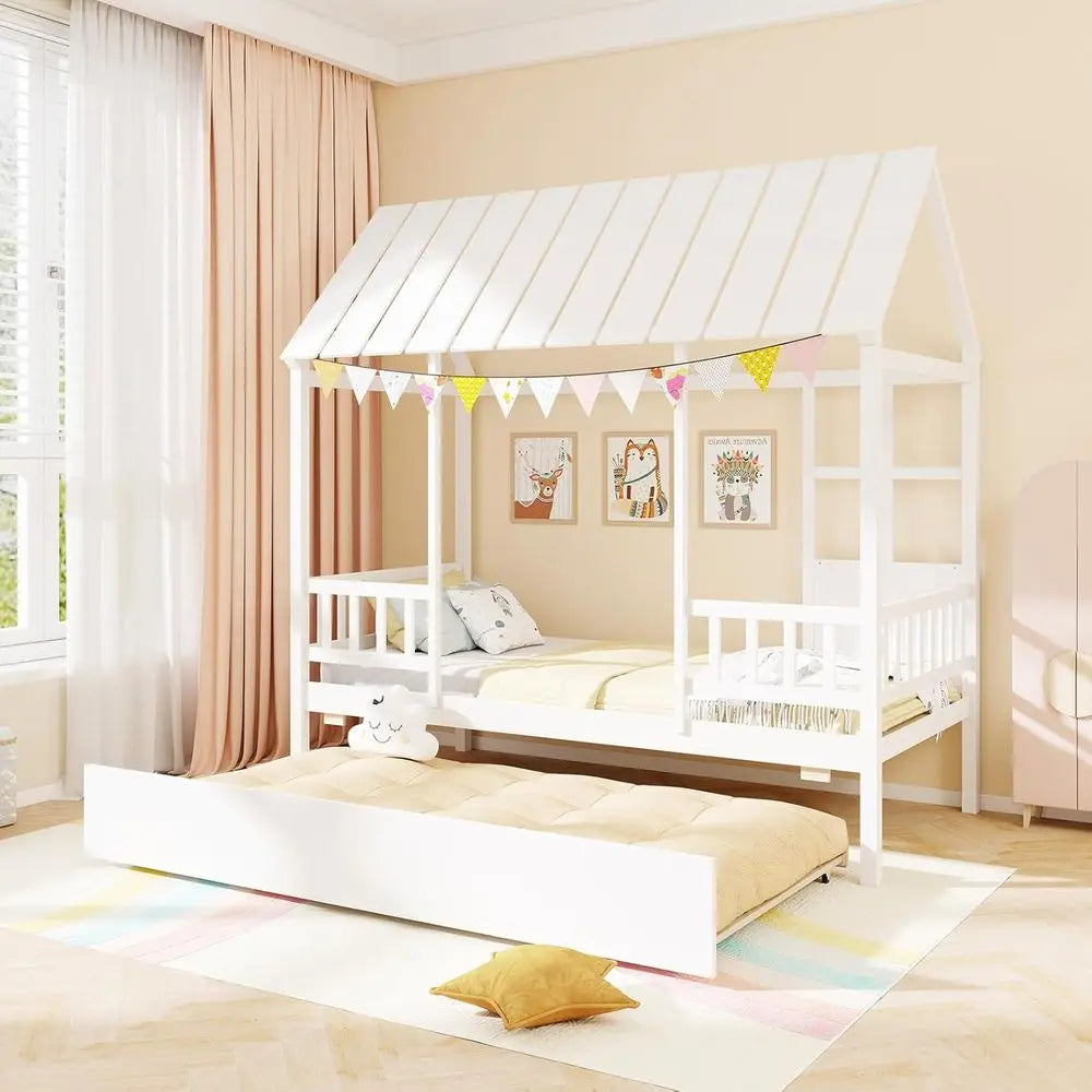 High-concerned House Bed With Trundle And Wooden Montessori Frame