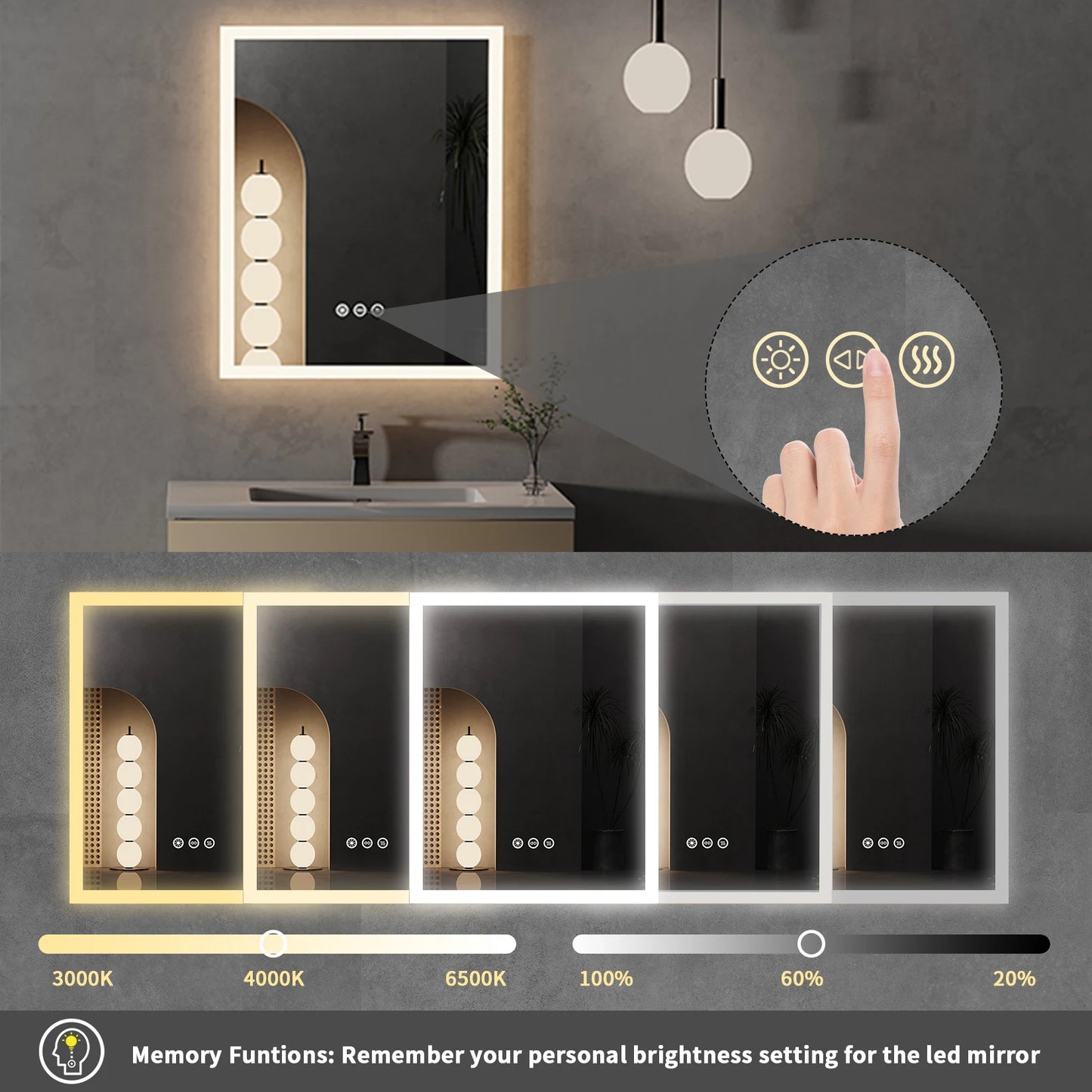 Wisfor LED Lighted Vanity Mirror Wall Mounted Anti-Fog Memory Function