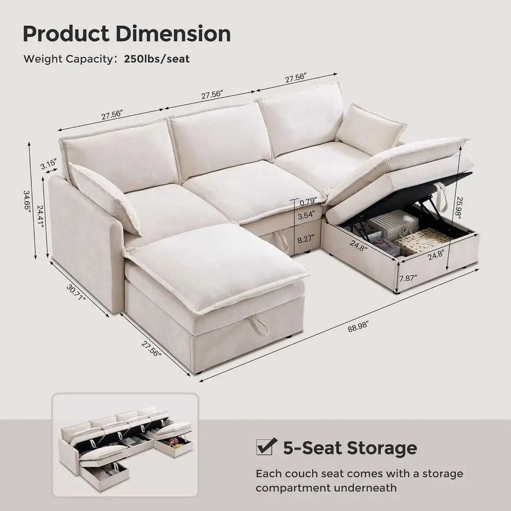 Modern U Shape Sectional Sofa With Ottoman And Storage