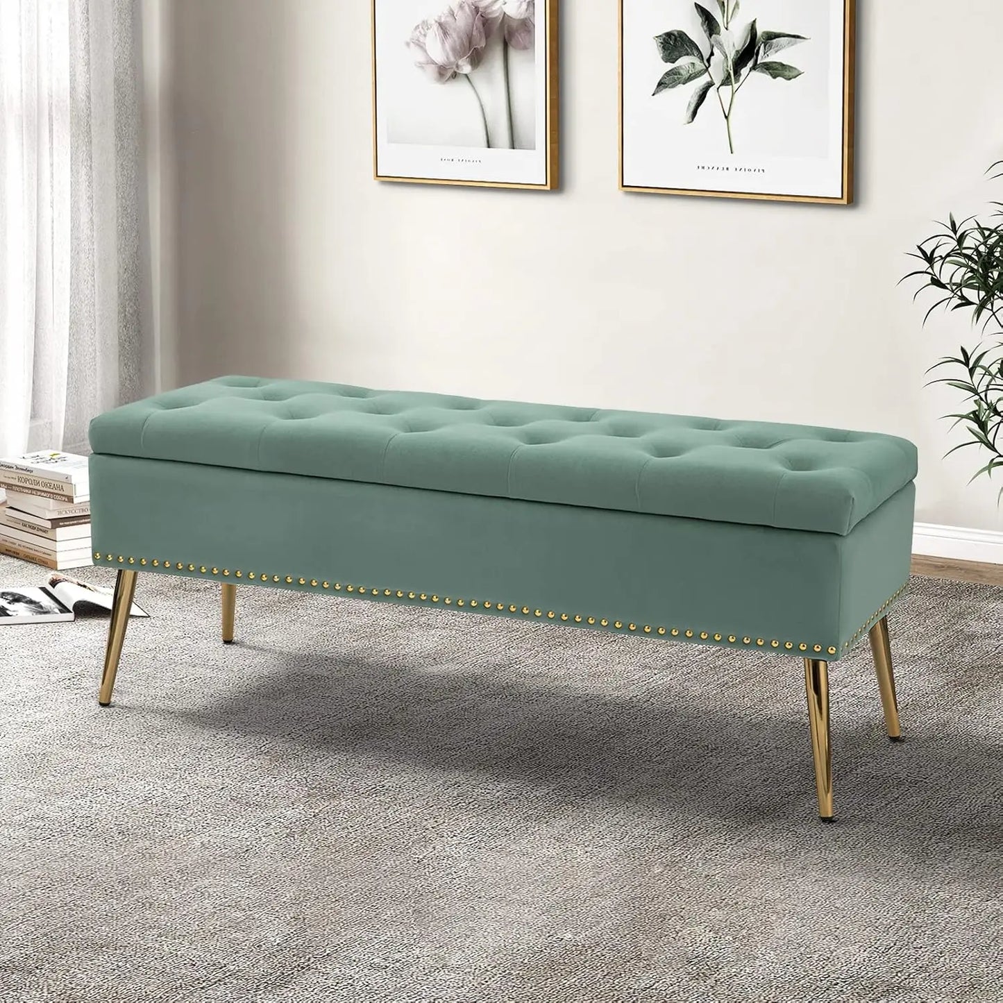 Velvet Storage Ottoman Bench With Base And Nailhead Trim
