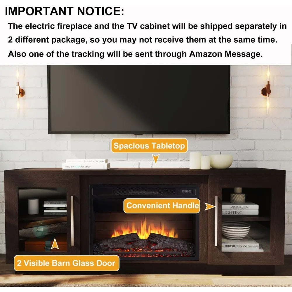 3D Fireplace TV Stand Wooden Media Center With Shelves