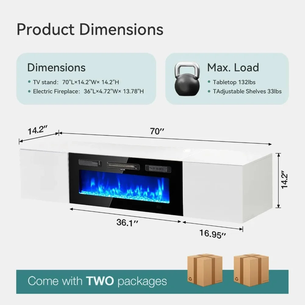 Wall Mounted Floating TV Stand With Electric Fireplace Entertainment Center
