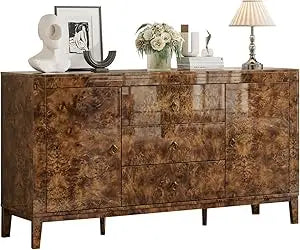 Mid Century Burl Wood Buffet Sideboard With Three Drawers